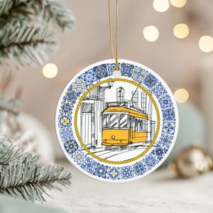 Lisbon Tram Christmas Ornament, Blue Yellow Ceramic Azulejo Tree Decor 3&quot; Round, Portuguese Family Gift