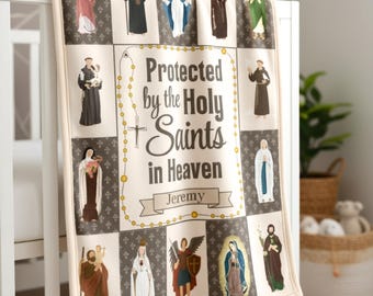 Personalized Baptism Blanket, Catholic Baby Cover with Holy Saints
