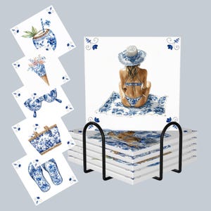 Delft Blue Coasters Set of 6 Tiles with Holder Stand, Mediterranean Summer Home Decor Gifts