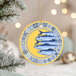 Portugal Sardine Christmas Ornament, Blue Yellow Ceramic Azulejo Tree Hanging, Portuguese Family Gift