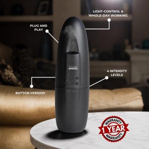 May include: A matte black, oval-shaped aroma diffuser emitting a fine mist. The device features the text AromaSole, four intensity levels, and labels for plug and play, light-control and whole-day working, button version, and a 1-year warranty.