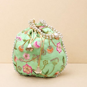 Mint Green Floral Embroidered Potli Bag with Pearl Handle | Indian Batwa Clutch for Weddings