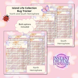 Op de afbeelding: Een digitale download met een insectentracker uit de Island Life Collection. De tracker bevat opties voor zowel het noordelijk als het zuidelijk halfrond. Het ontwerp is roze met bloemaccenten en bevat de tekst "Instant Digital Download".