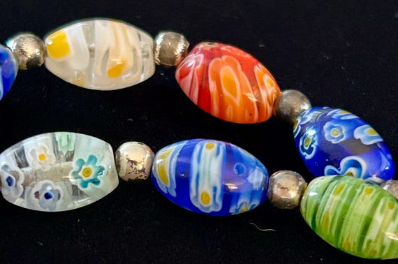 Multicolor Millefiori Glass Beaded Jewelry Set, Oval Murano Style Necklace Bracelet