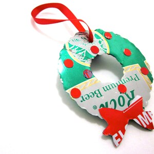Christmas Wreath Ornament made from upcycled vintage beer cans