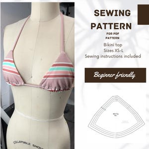 May include: A bikini top with horizontal stripes in shades of pink, white, and teal on a dress form. The text reads SEWING PATTERN FOR PDF PATTERN, Bikini top, Sizes XS-L, Sewing instructions included, and Beginner friendly. A line drawing of the pattern.