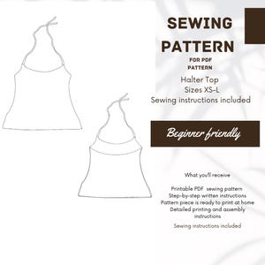 Può includere: Un cartamodello digitale per un top all'americana nelle taglie XS-L. L'immagine mostra due disegni al tratto in bianco e nero del top, insieme al testo SEWING PATTERN, FOR PDF PATTERN, Halter Top, Sizes XS-L, Sewing instructions included, Beginner friendly e What you'll receive.