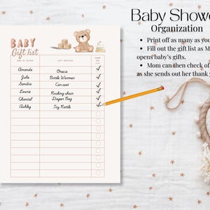 Printable Baby Shower Gift List Tracker | Teddy Bear Design | Baby Gift Log for Thank You Notes | Shower Organization Sheet | Host Must Have