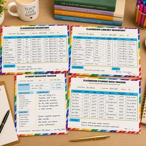 May include: Four printed classroom tracking sheets with rainbow borders, including a Classroom Inventory, Classroom Library Inventory, Student Behavior Tracker, and Classroom Student Data Tracker, all featuring white backgrounds and blue table headers.
