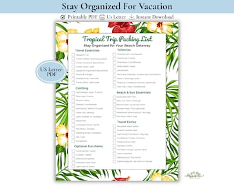 Packliste für den Strandurlaub (druckbar), Checkliste für tropische Reisen (PDF), Urlaubs-Packliste, Reiseplaner, Sofort-Download