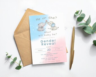 Editable Elephant Gender Reveal Invitation, Pink & Blue Gender Reveal Invite, Printable 5x7 Canva Template, Instant Download PDF