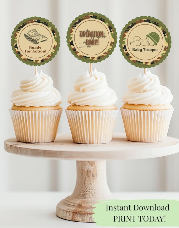 Camo Army Baby Shower Cupcake Toppers Printable Military Theme Boy