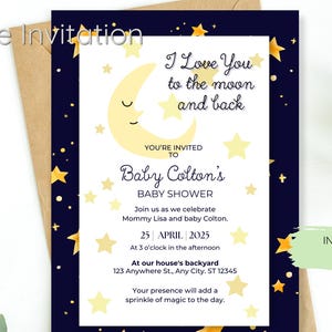 Editable I Love You to the Moon & Back Baby Shower Invitation | Gender Neutral Printable Canva Template | Custom DIY Invite