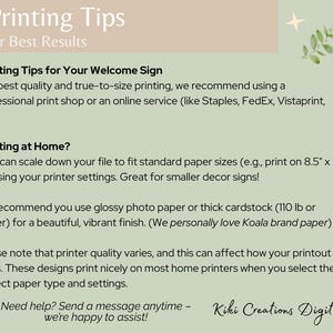 Green and beige printing instruction graphic from KikiCreationsDigital. Lists professional and home printing tips with text sections and small botanical accents.