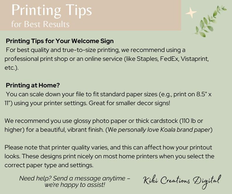Green and beige printing instruction graphic from KikiCreationsDigital. Lists professional and home printing tips with text sections and small botanical accents.