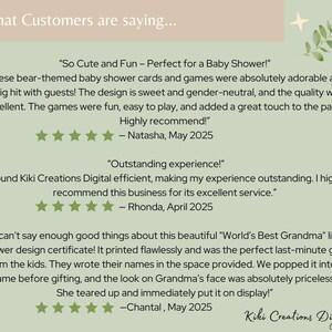 Green and beige customer review showcase graphic with multiple 5-star testimonials for KikiCreationsDigital, featuring decorative leaves and star icons.