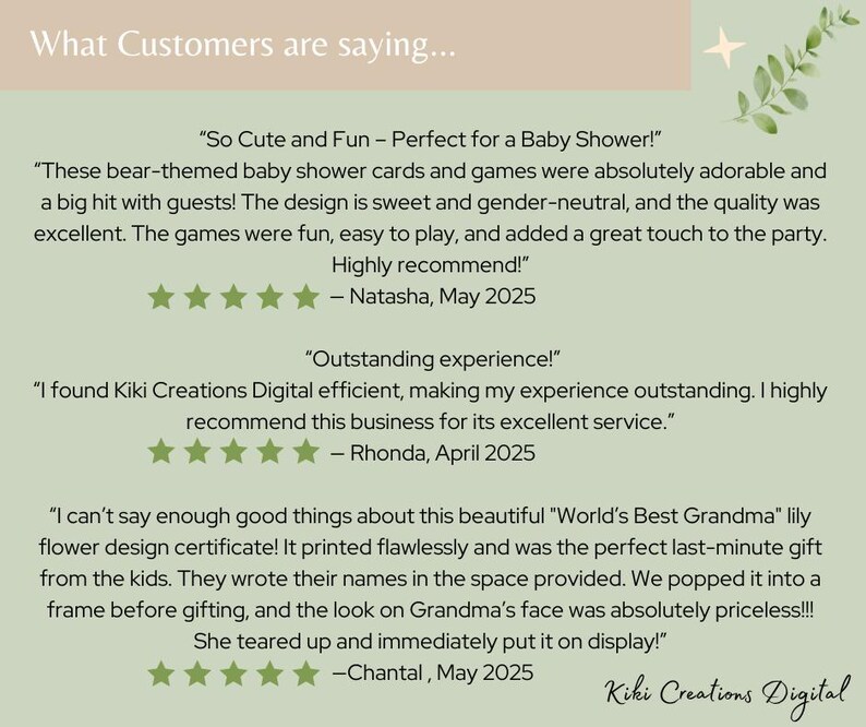 Green and beige customer review showcase graphic with multiple 5-star testimonials for KikiCreationsDigital, featuring decorative leaves and star icons.