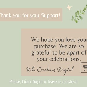 Soft green and beige thank-you graphic with appreciation message from KikiCreationsDigital. Includes shopping cart icon and leafy botanical accent.
