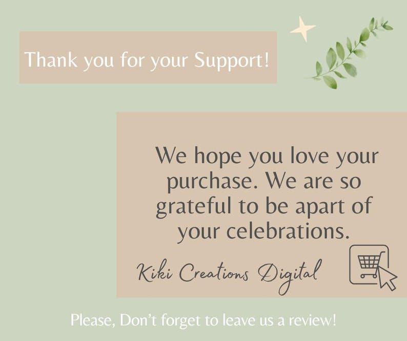 Soft green and beige thank-you graphic with appreciation message from KikiCreationsDigital. Includes shopping cart icon and leafy botanical accent.