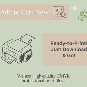 Green and beige promotional graphic featuring printer icon, “Add to Cart Now” banner, and text about high-quality CMYK print files from KikiCreationsDigital.