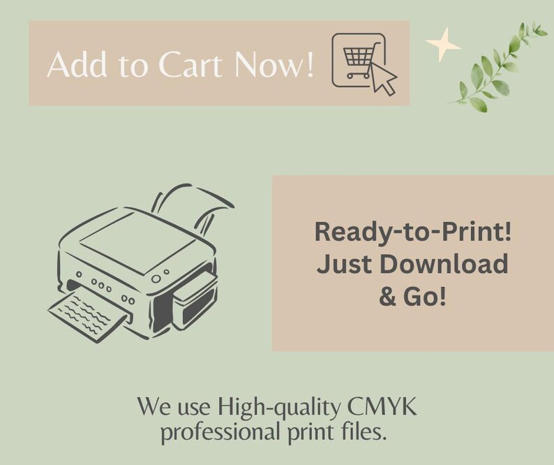 Green and beige promotional graphic featuring printer icon, “Add to Cart Now” banner, and text about high-quality CMYK print files from KikiCreationsDigital.