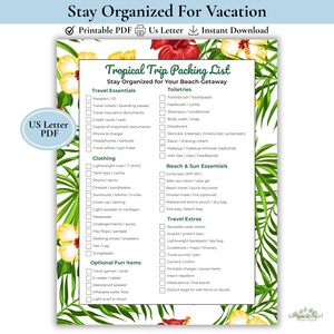 Liste de voyage à imprimer pour les vacances sous les tropiques, Liste de voyage pour la plage, Liste de voyage pour une croisière, Planificateur de voyage, Liste de voyage au format PDF