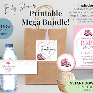 Printable Sneaker Baby Shower Bundle | Editable Baby Girl Invite | Pink High-Top Shoe | Cupcake Toppers / Tags / Water Labels / Download