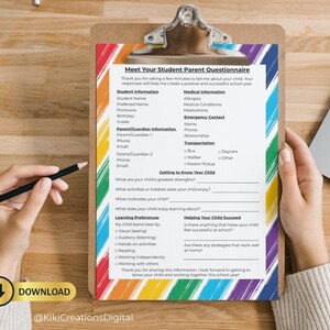 May include: A printed questionnaire titled Meet Your Student Parent Questionnaire on a clipboard. The document features a colorful diagonal striped border in rainbow hues and includes sections for student, parent, medical, and learning information.