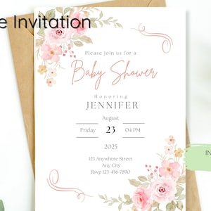 Invitation florale rose modifiable de baby shower | Modèle d'invitation de rose aquarelle | Invitation personnalisable de baby shower de | Téléchargement instantané