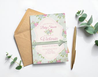 Faire-part de baby shower modifiable shabby chic, invitation florale de baby shower vintage, modèle imprimable de toile de 5 x 7, téléchargement immédiat PDF