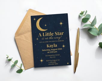 Moon and Stars Baby Shower Invitation, Twinkle Twinkle Little Star, Celestial Canva Template