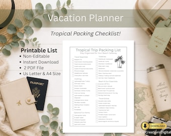 Tropische Reise-Packliste zum Ausdrucken, Urlaubs-Packliste, Strandurlaubsplaner, Kreuzfahrt-Packliste PDF