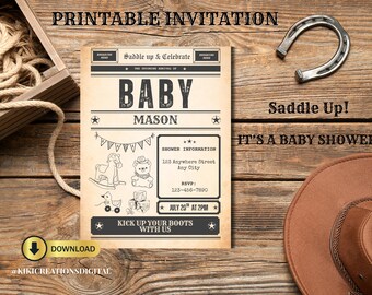Redigerbar cowboy-babyshowerinbjudan, western-babyshowerinbjudan, rustik 5x7 Canva-mall, direktnedladdning i PDF-format