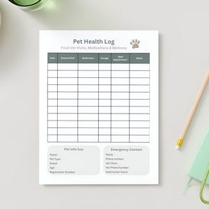 May include: A white Pet Health Log, tracking vet visits, medications, and wellness. Includes sections for date, reason, medication, dosage, appointment, and notes. Features a paw print icon and sections for pet info and emergency contact details. A pencil, keys, and a small notebook are also visible.
