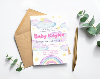 Sjabloon voor een babyshoweruitnodiging, bewerkbare regenboog babyshoweruitnodiging, digitale pastelkleurige Canva-uitnodiging voor een babymeisje