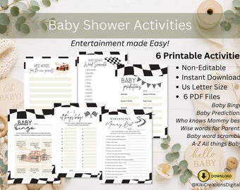 Race Car Baby Shower Games Bundle, 6 Printable Baby Shower Games, Racing Theme Party Activities, Instant Download PDF