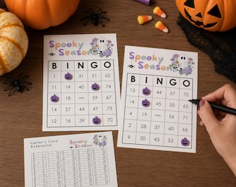 Gra w bingo na Halloween do druku, karty do bingo na upiorny sezon, gra na imprezę halloweenową, aktywność na Halloween w klasie, 50 kart w formacie PDF