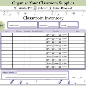May include: A printable US Letter PDF classroom inventory form featuring a lavender floral border. The document includes fields for teacher name, school year, room number, and a table with columns for item, category, quantity, location, condition, and notes.