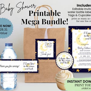I Love You to the Moon and Back Baby Shower Printable Bundle Canva Invitation Cupcake Toppers Tags Labels Celestial Party Decor