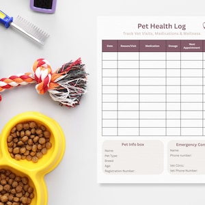 Könnte beinhalten: Ein Haustier-Gesundheitsprotokoll mit dem Text "Pet Health Log" und "Track Vet Visits, Medications & Wellness". Das Protokoll enthält Abschnitte für Datum, Grund, Medikamente, Dosierung, Termin und Notizen. Außerdem eine gelbe Futterschüssel, ein Seilspielzeug und Tierpflegeutensilien.
