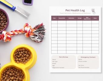 Registro de salud de mascotas imprimible, historial médico de mascotas, seguimiento de visitas al veterinario y medicamentos, PDF de salud para perros y gatos