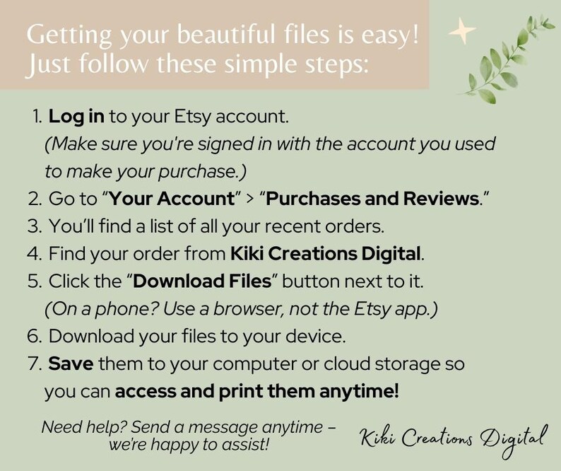 Green and beige instruction slide explaining how to download Etsy digital files from KikiCreationsDigital. Includes numbered steps, star icon, and leaf accents.