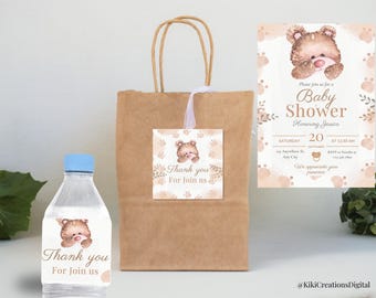 Teddy Bear Baby Shower Bundle, Editable Baby Shower Invitation, Teddy Bear Party Decorations, Canva Template, Instant Download PDF