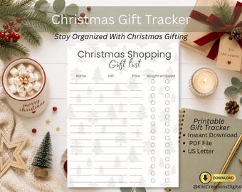 Afdrukbaar kerstboodschappenlijstje, kerstcadeautracker, kerstcadeaulijst, pdf kerstplanner, instant download