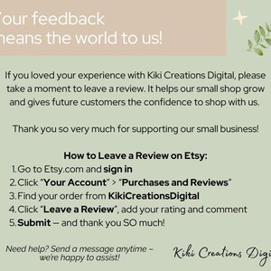 Light green and beige review request graphic from KikiCreationsDigital. Includes thank-you note, Etsy review instructions, and small leaf and star illustrations.