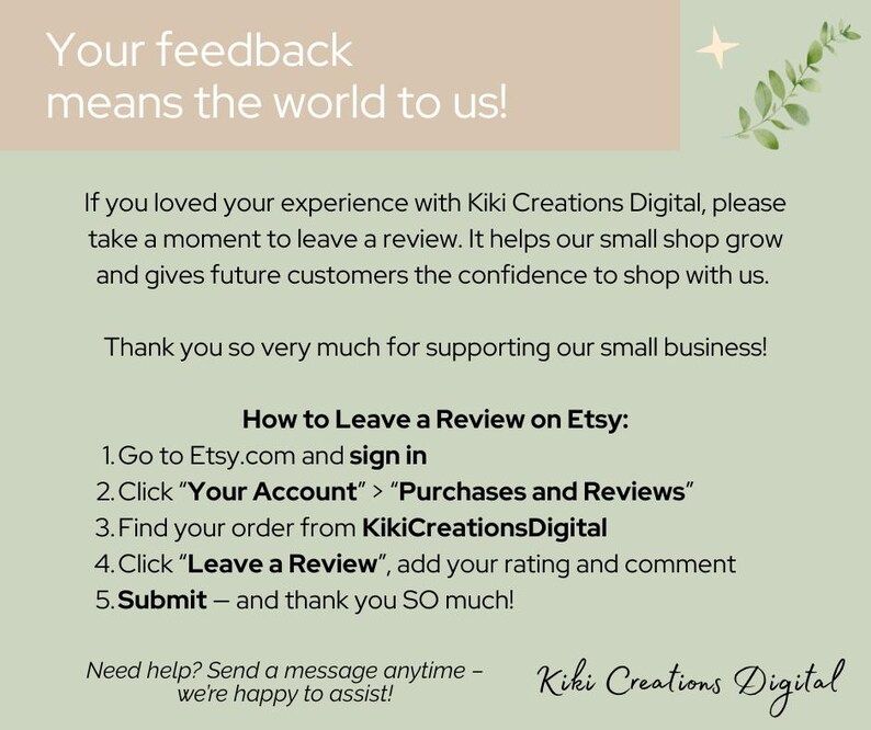 Light green and beige review request graphic from KikiCreationsDigital. Includes thank-you note, Etsy review instructions, and small leaf and star illustrations.