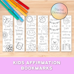 May include: Set of six black and white printable bookmarks featuring positive affirmations for children. Each bookmark has a different illustration and affirmation, such as "I am enough", "I am brave, kind and smart", "I grow stronger every day", "I bee-lieve in myself", "My heart is full of love!" and "I lift others up with my kindness!"