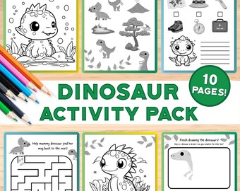 May include: A dinosaur activity pack with 10 pages. The cover features a variety of coloring pages, mazes, and drawing activities. The text on the cover reads "DINOSAUR ACTIVITY PACK" and "10 PAGES!" with various dinosaur illustrations.