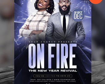 May include: A promotional flyer for a New Year's revival event. The design features two people, a man and a woman, against a blue and purple background. The text "ON FIRE" is prominently displayed, along with event details and the Canva logo.