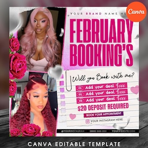 May include: A pink and white promotional graphic for February bookings. It features two images of women with pink and red hair, along with text that reads "February Booking's" and "Will you book with me?" The graphic includes a call to action.